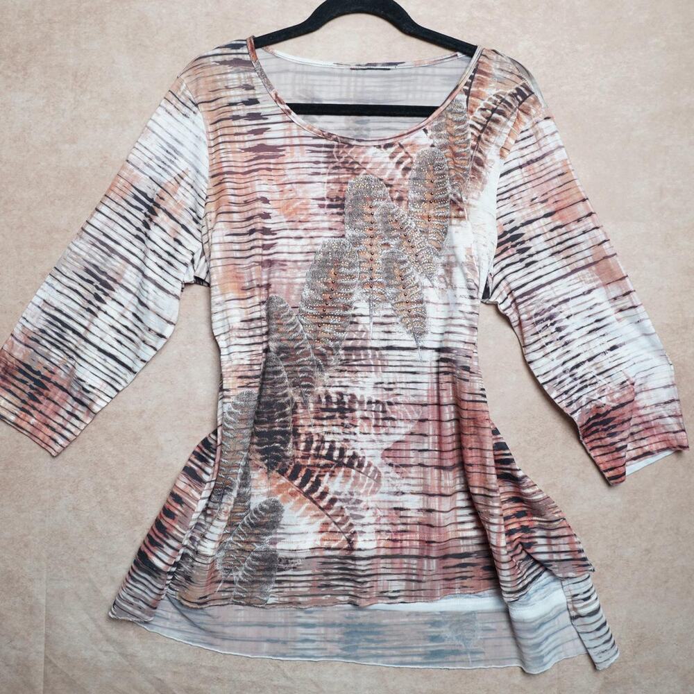 Feather Print Mesh Tunic Top Rhinestone XXL Y2K